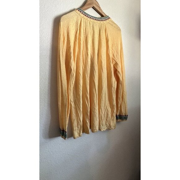 Sundance Catalog Embroidered Top Yellow Beaded Tassel Linen Long Sleeve, Large - Picture 5 of 6